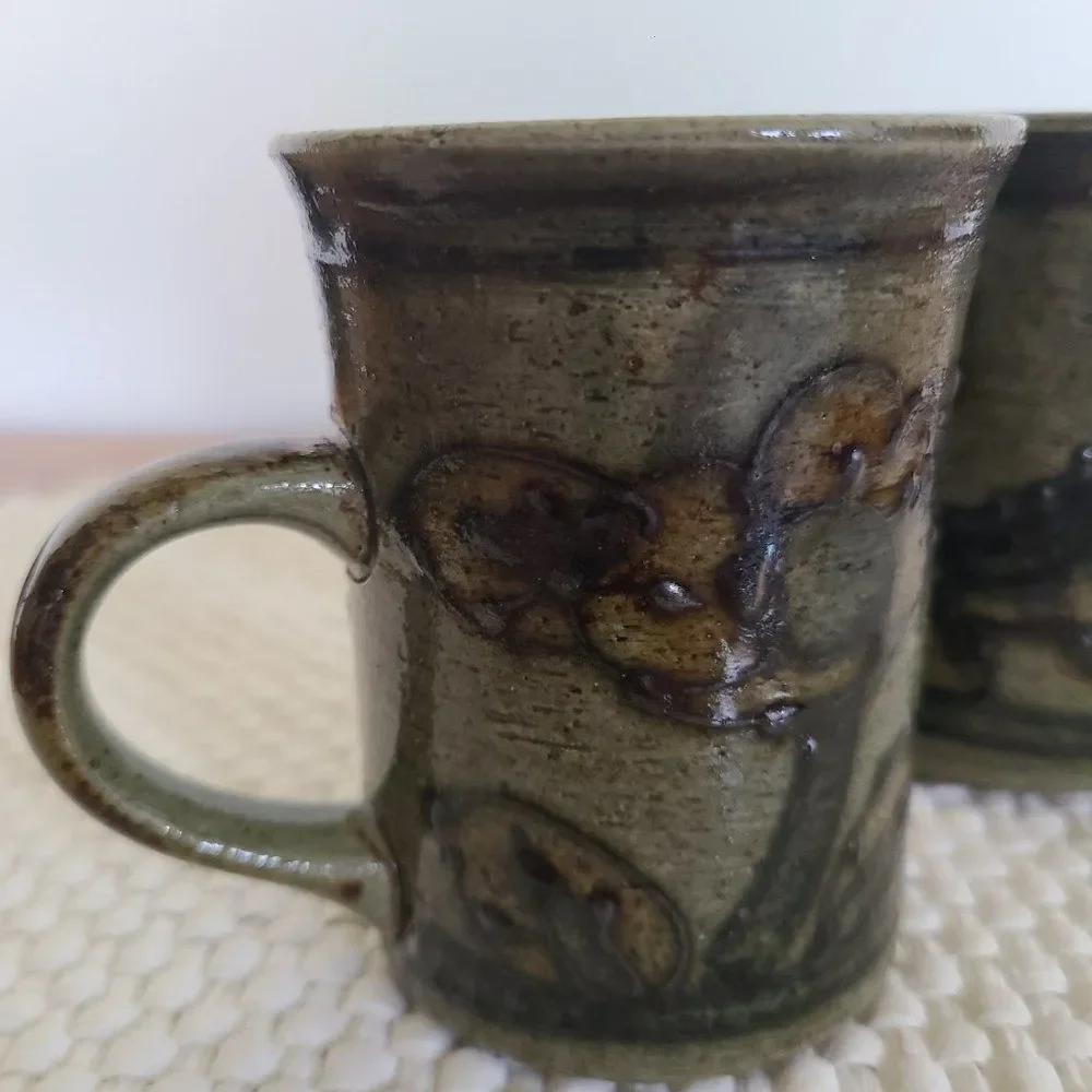 Vintage Handmade Brown Stoneware Glazed Pottery Coffee Mugs Tea Cups Eclectic